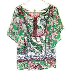 2/$30 Entro - Green & Pink Paisley Flutter Sleeve Blouse Tassel Tie Top Size S